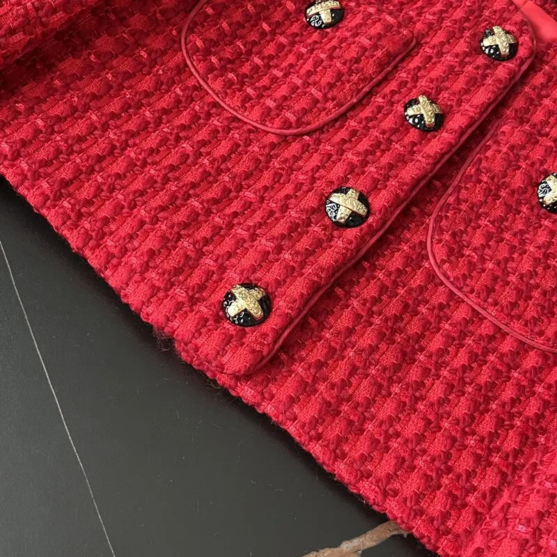 High Quality Chic Autumn Winter Red Woolen Short Jacket Coat Sweet Fashion Women O Neck Single Breasted Tweed Weave Cropped Tops 240823