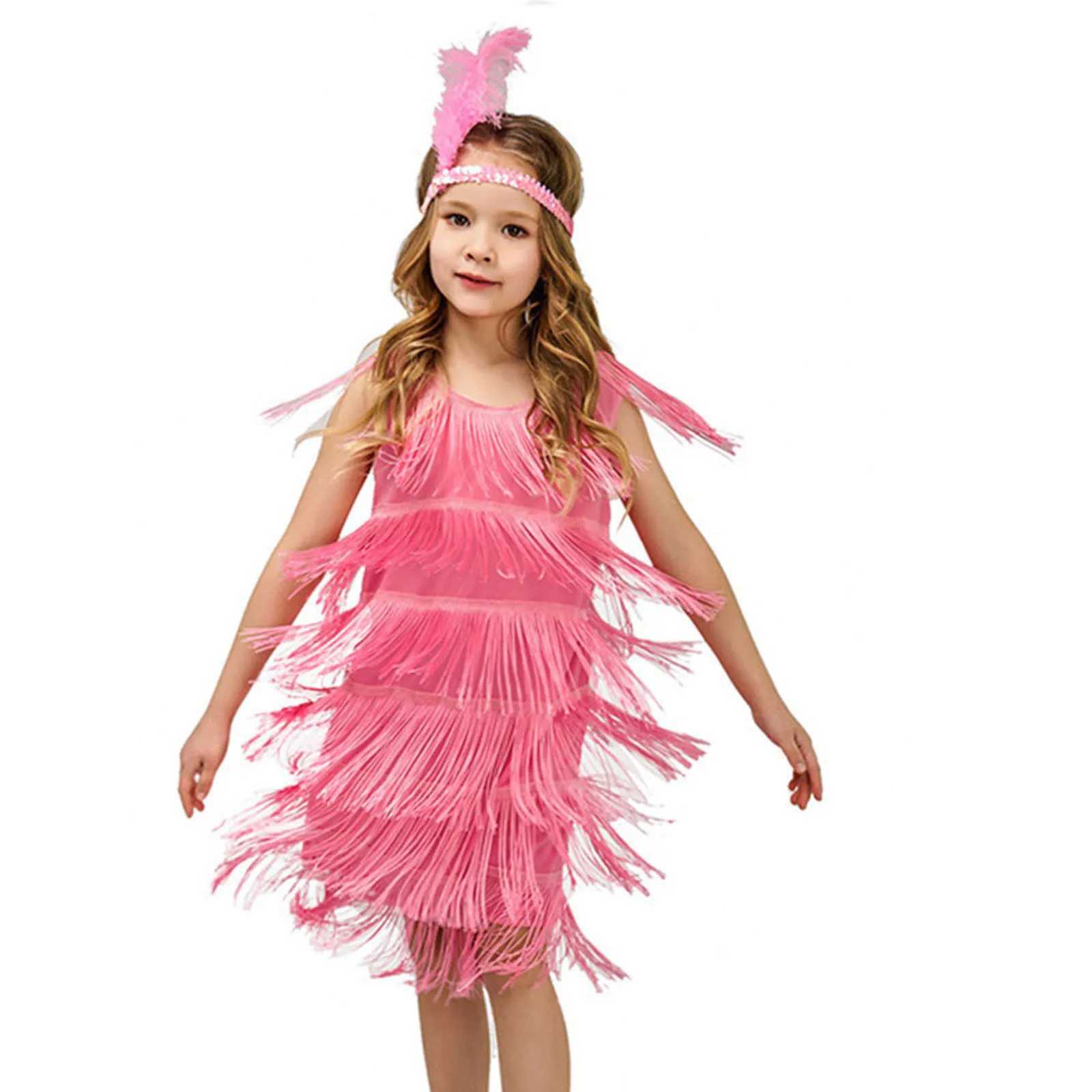 Childrens edge leather girl lapel dress sequined edge Latin dance dress tassel tango dress feather headband clothing W240823