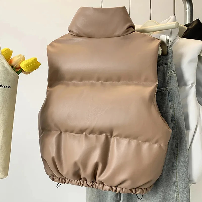 Winter Women Fashion Thick Warm Faux Leather Cropped Padded Waistcoat High Neck PU Vest Female Outerwear Chic Tops 240822