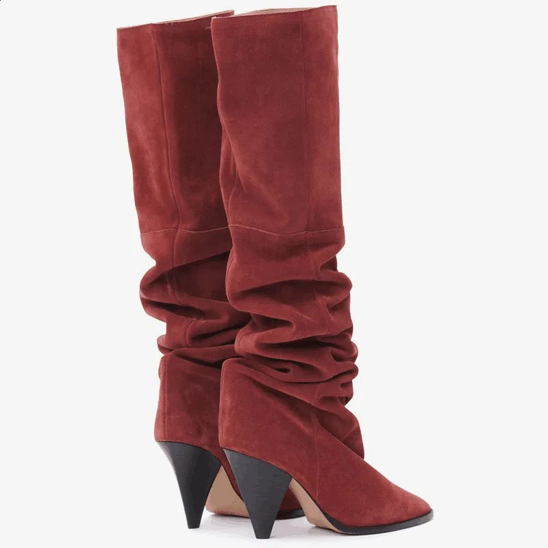 Retro Red Modern Show Kneeling High Heels Pointed Heels Solid Slip Up Stacked Party Dress Autumn Winter Womens Shoes 240823