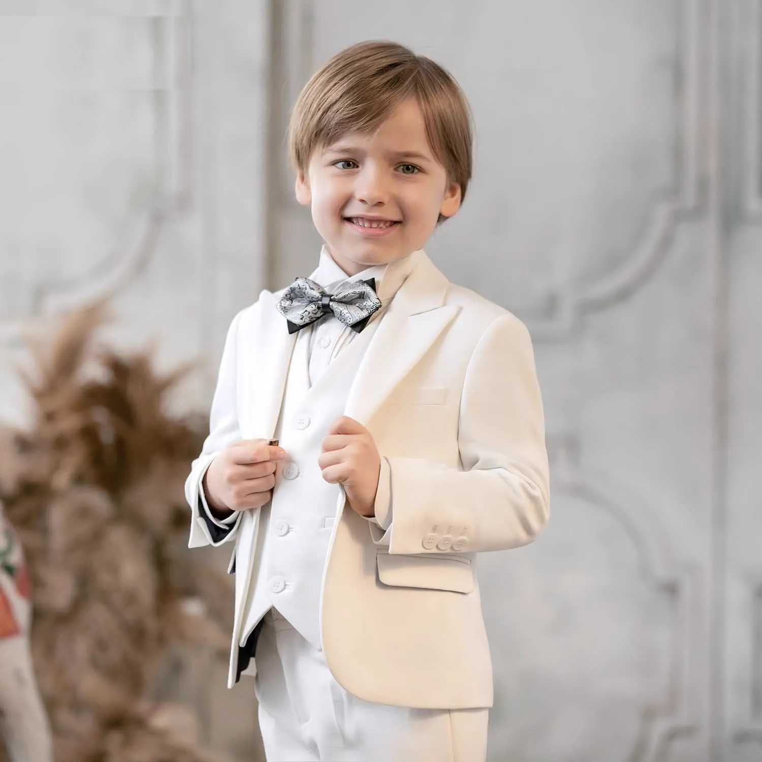 Flower Boy White Baptist Party Dress Childrens Jacket Vest Pants 3PS Ceremony Photography Set Childrens Piano Performance Costume W240823