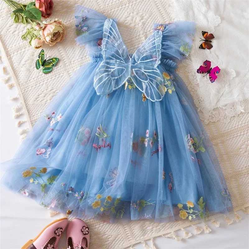 2024 Childrens Dress Girls Summer Dress Butterfly Wings New Flower Dress Dance Performance Tutu Grid Princess Dress Baby Clothing W240823