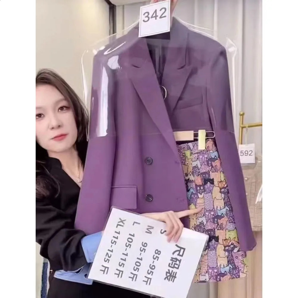 Fashion Women Sets Spring Summer High-end Blazer Jacket Printed Skirt Two-piece Suit Ladies Casual Temperament Purple Suit Coat 240823