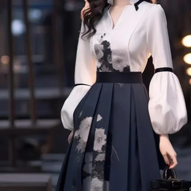 Womens Skirt Set Long Sleeved Blouse Top Autumn Spring High End Chinese Elegant Temperament Goddess Show Thin Print Skirt Set 240823