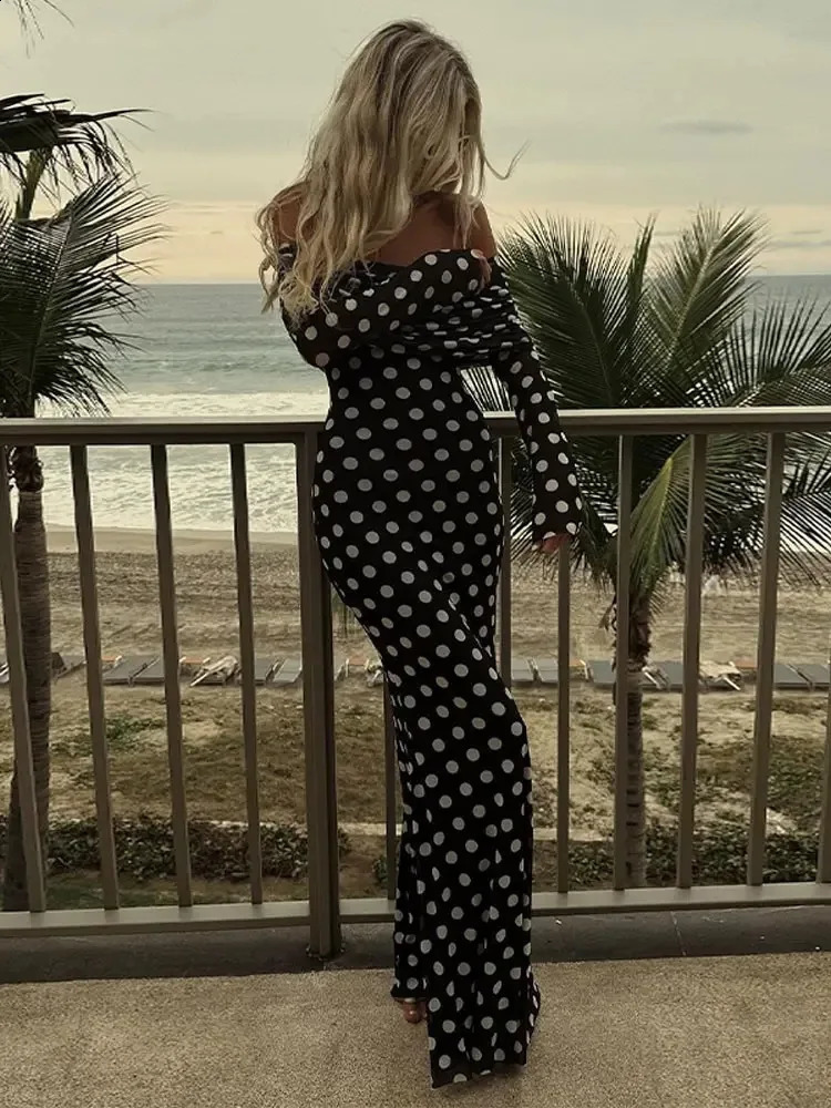 Sexy Polka Dots Print Dress Off Shoulder Patchwork Maxi Dress for Women Slim Fit Long Sleeves A-line Vestidos Lady Elegant Robe 240823