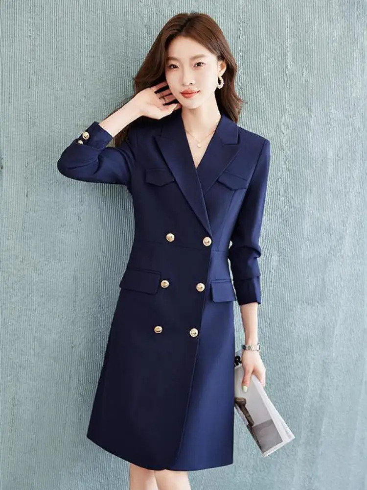 Black Blue Elegant Festival Pleated Blazer Dress Women Spring Autumn Gray Temperament Office Double Breasted Midi Dress 240822