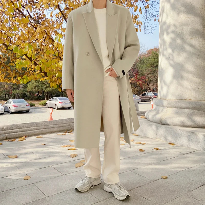 IEFB Korean Chic Mens Thickned Woolen Cloth Coat Casual Loose Bleted Double Breasted Jackets Loose fit Overcoat 240822