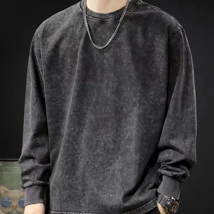 240G Heavy Washed-out Vintage Pure 100% Cotton Long-Sleeve T-shirt Men and Women Loose Spring and Autumn round Neck Sweater 240823
