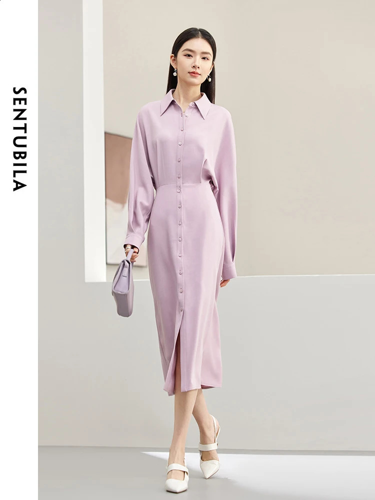 SENTUBILA Batwing Sleeve Shirt Dress for Women Autumn Elegant Fashion Elastic Waist Button Down Midi Dresses Lady 141L53441 240822