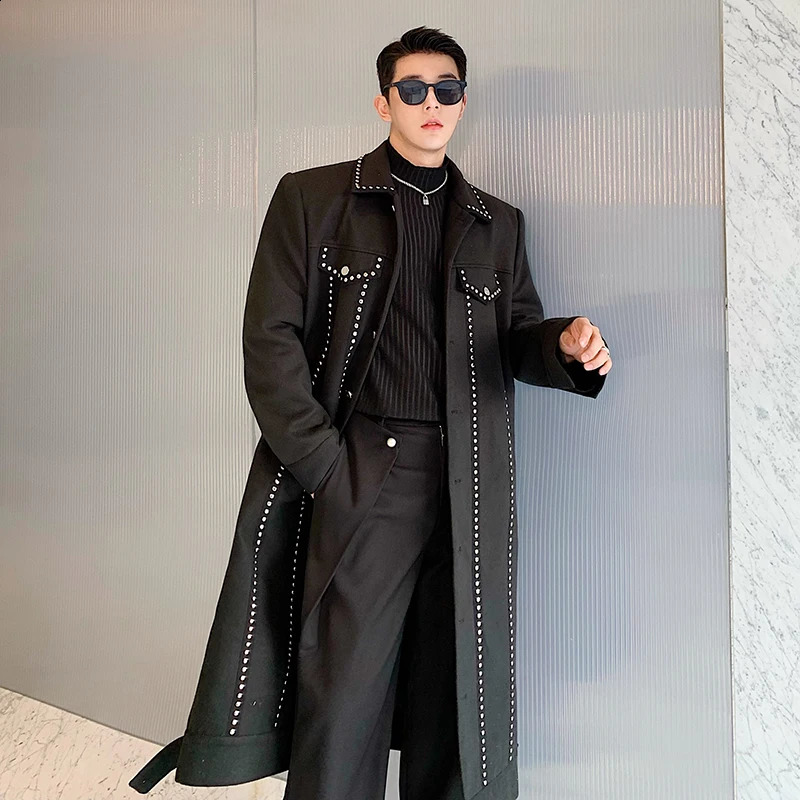 Trenchcoat Men Rivet Woolen Single-breasted Long Trench Coat Man Streetwear Vintage Punk Gothic Motorcycle Jacket Outerwear 240822