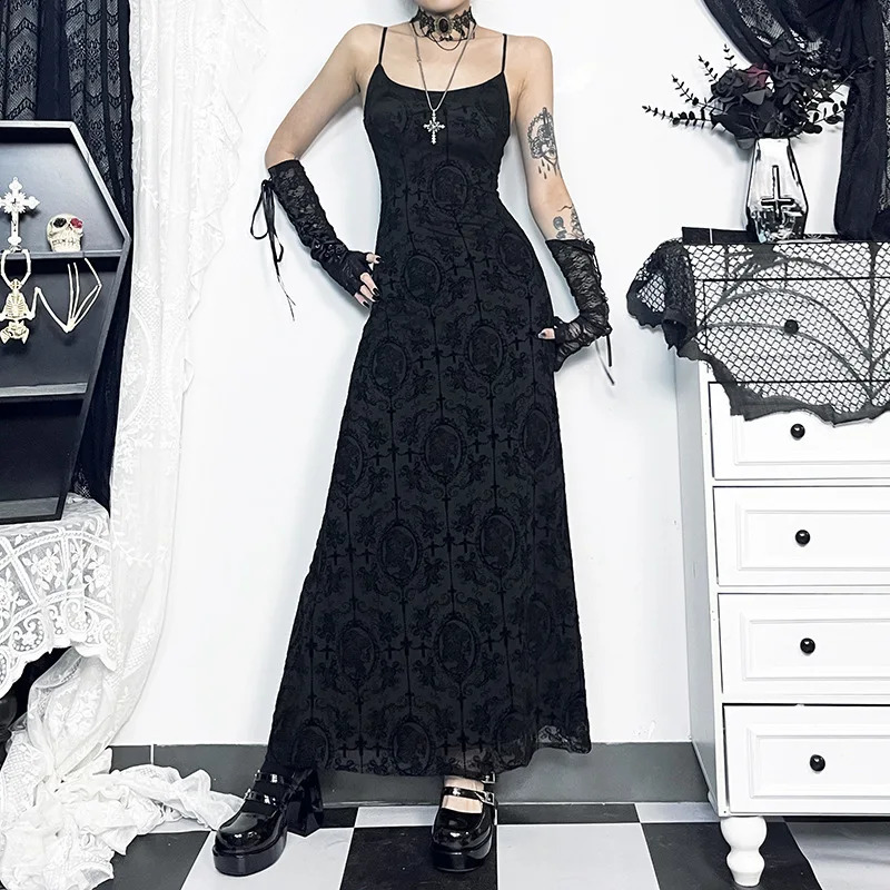 Goth Dark Cross Flocking Mall Gothic Aesthetic Dresses Grunge Punk Mesh Elegant Party Long Skirt Sling Slim Sexy Emo Alt Set 240823