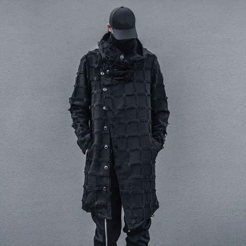 Techwear Style Tassel Plaid Punk Hip Hop Trench Coat Men Turtleneck Irregular n Long Jacket Street Casual Gothic Coat 240822