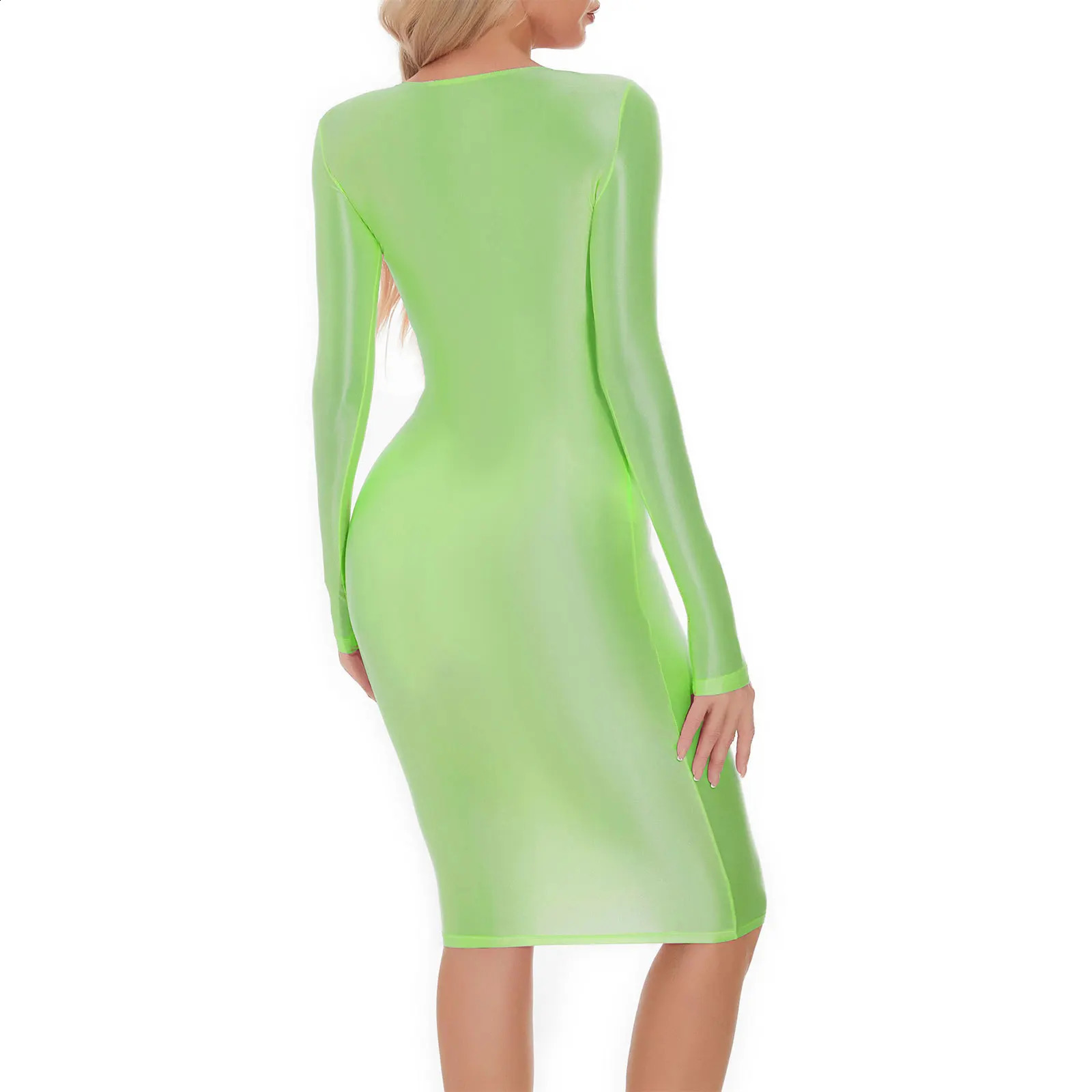Womens Oil-shiny Bodycon Dress Round Neck Long Sleeve Hip Wrap Sleep Dress Sexy Nightwear Rave Party Clubwear Female Clothing 240823