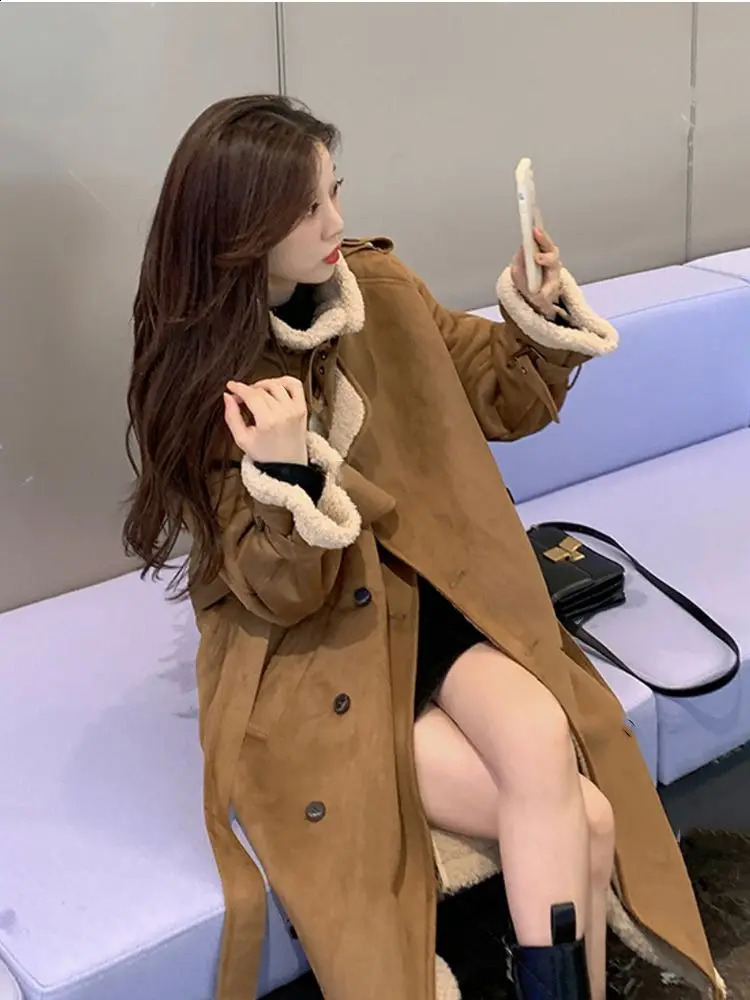 Lamb Suede Fleece Overcoat Women Autumn Winter Medium Length Plush Thicken Jacket Fur Long Lamb Wool Coat With Cashmere Outwear 240822