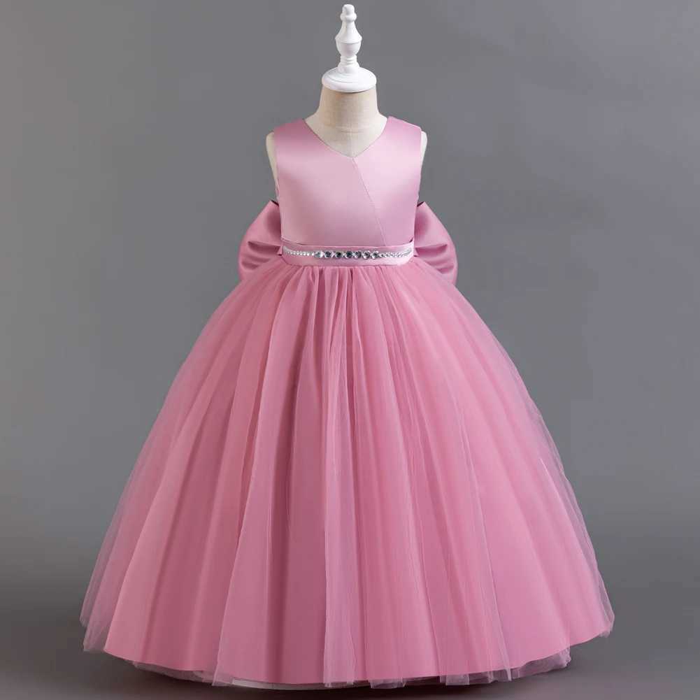 Fashionable solid girl evening gown sequined waistband sleeveless childrens bridesmaid dress summer chiffon childrens party dress 3-12 years W240823