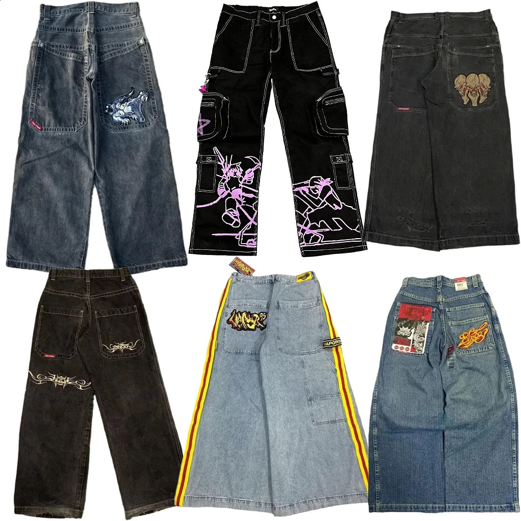 Y2K Hip Hop Streets Harajuku Embroidered JNCO Jeans High Quality Waist Pocket Womens Loose Wide Leg 240822