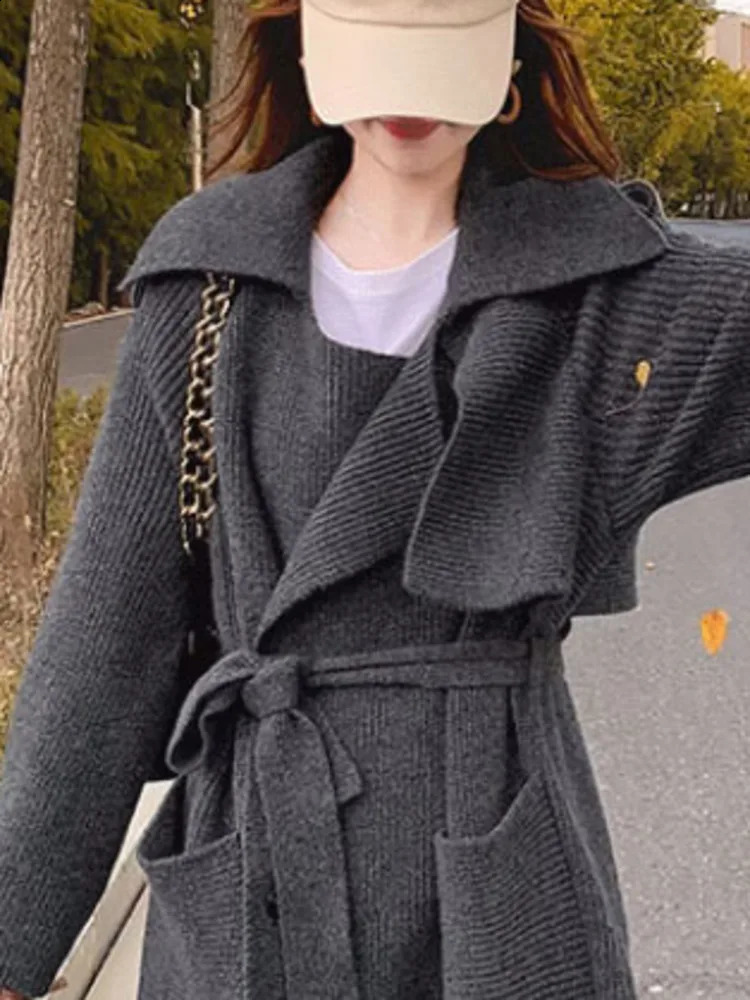 IEQJ Lace-up Spliced Knitting Slim Windbreaker For Women Elegant Thick Casual Solid Trench Coat Autumn Clothing 3WQ7458 240822