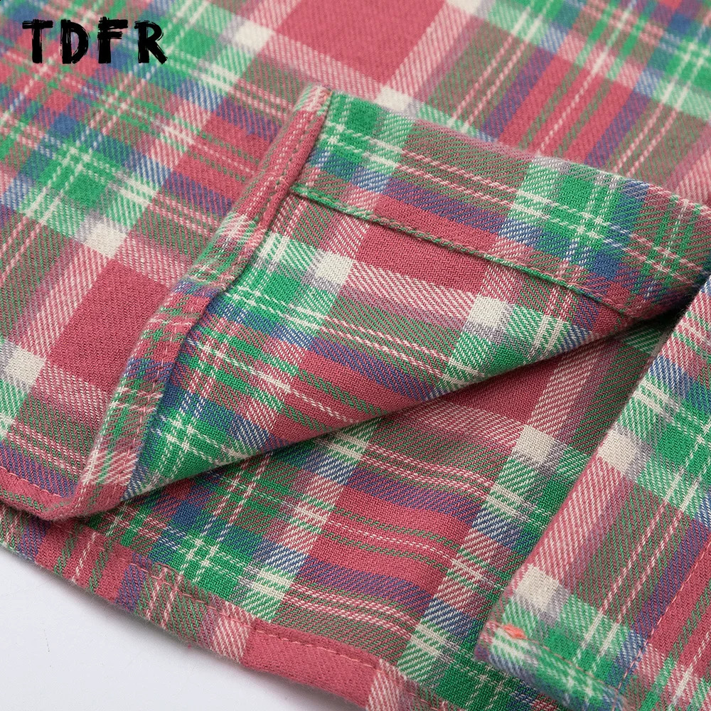 Patch Embroidery Plaid Shirt Mens Retro Casual Loose Pocket Lapel Single Breasted Long Sleeve Shirts Men 240822