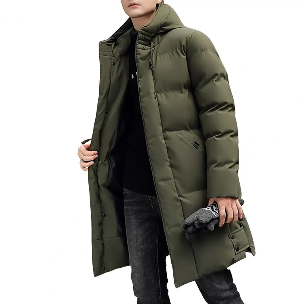 Midi length mens down jacket hoodie solid color border cardigan warm zipper plus size winter 240822