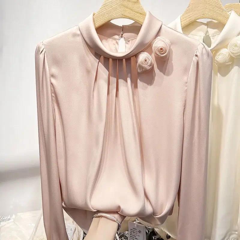 Women's Blouses Solid Women Baggy Office Lady Temper Elegant Designer Minimalist French Cozy Gentle Chemise Design Stand Collar Clothes