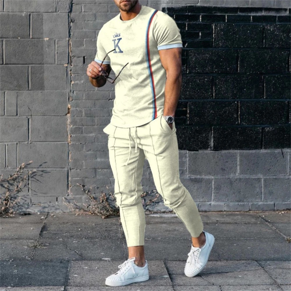 Mens Trouser Tracksuit 2piece 3D Printed Summer Fashion Sports Style Short Sleeve TshirtPants Street Clothing 240822