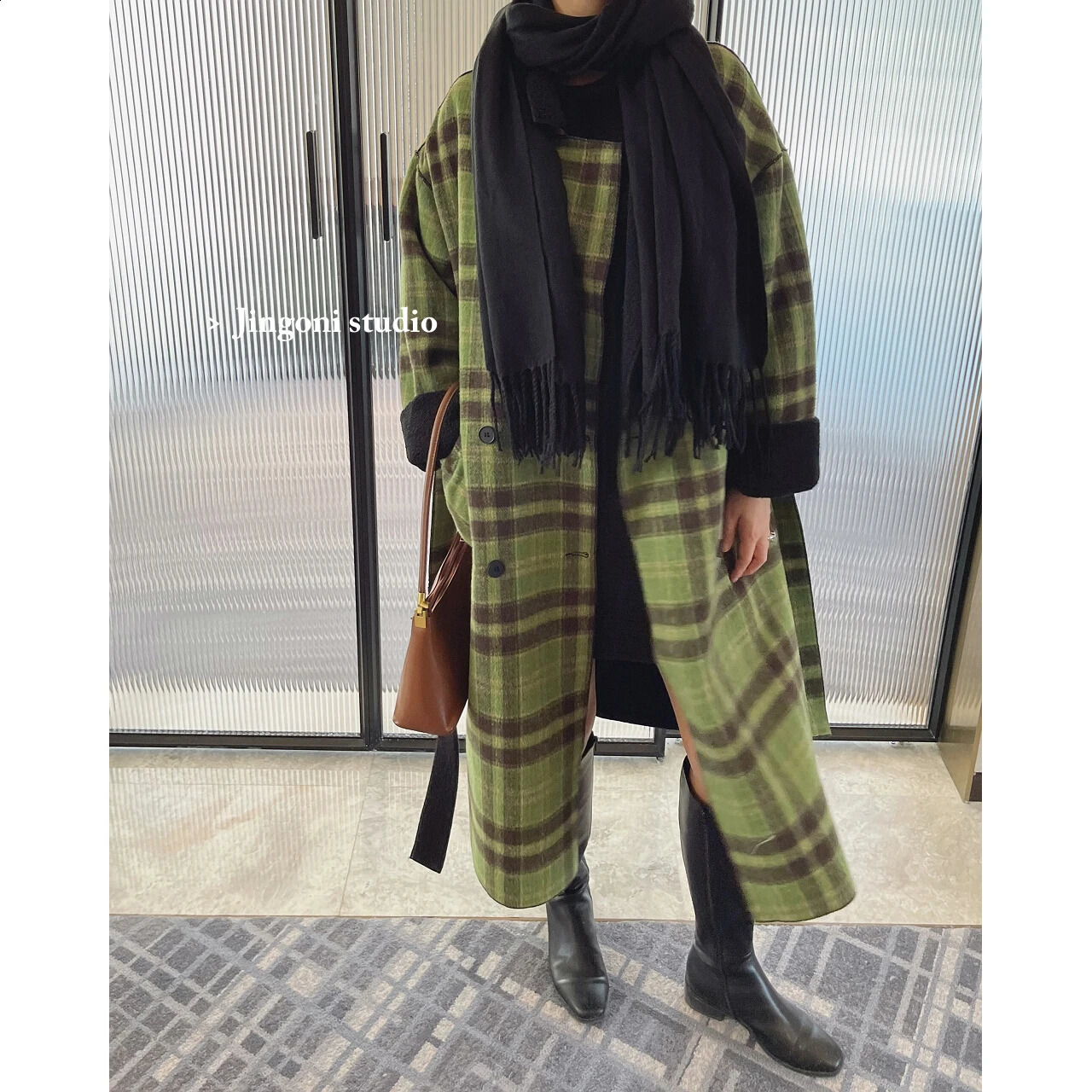 Woman Oem Plaid Woolen Tweed Fur Teddy Reversible Blazers Long Jackets Coats Clothes Korean Fashion Tops Winter Trench 240822