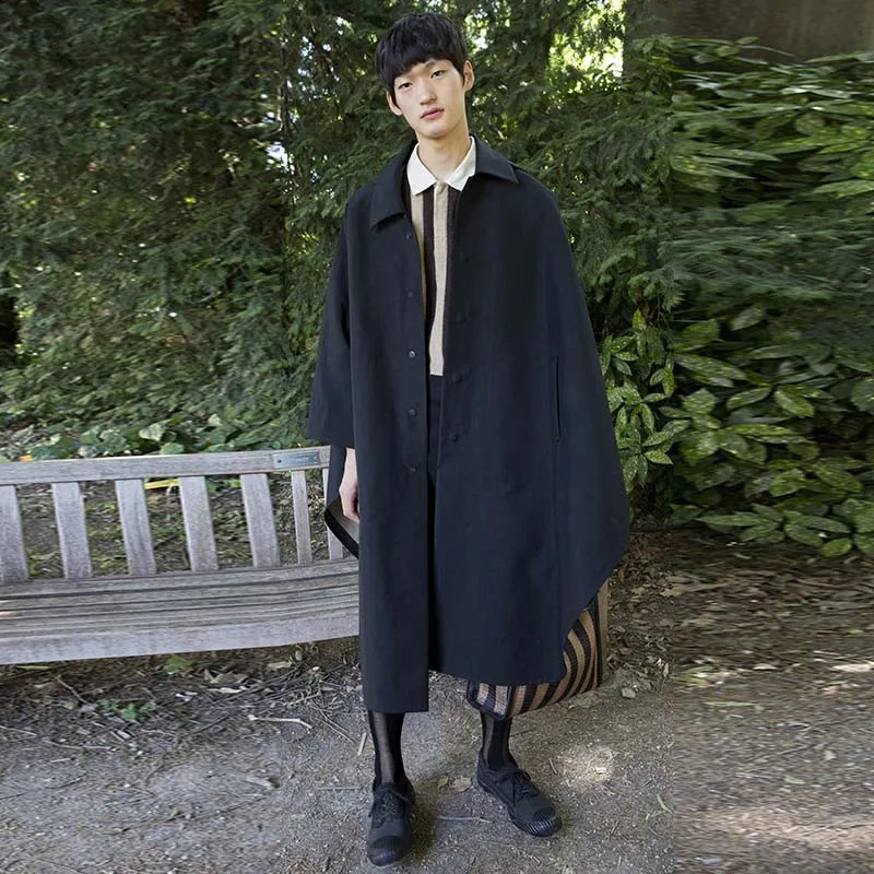 Mens Black Shawl Cloak Single Breasted Windbreaker Mens Dance Trend Hip Hop Knee Loose Coat Long Loose Cloak 240822