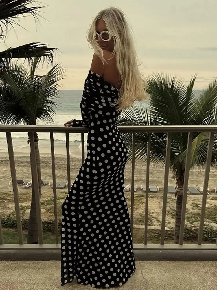 Sexy Polka Dots Print Dress Off Shoulder Patchwork Maxi Dress for Women Slim Fit Long Sleeves A-line Vestidos Lady Elegant Robe 240823