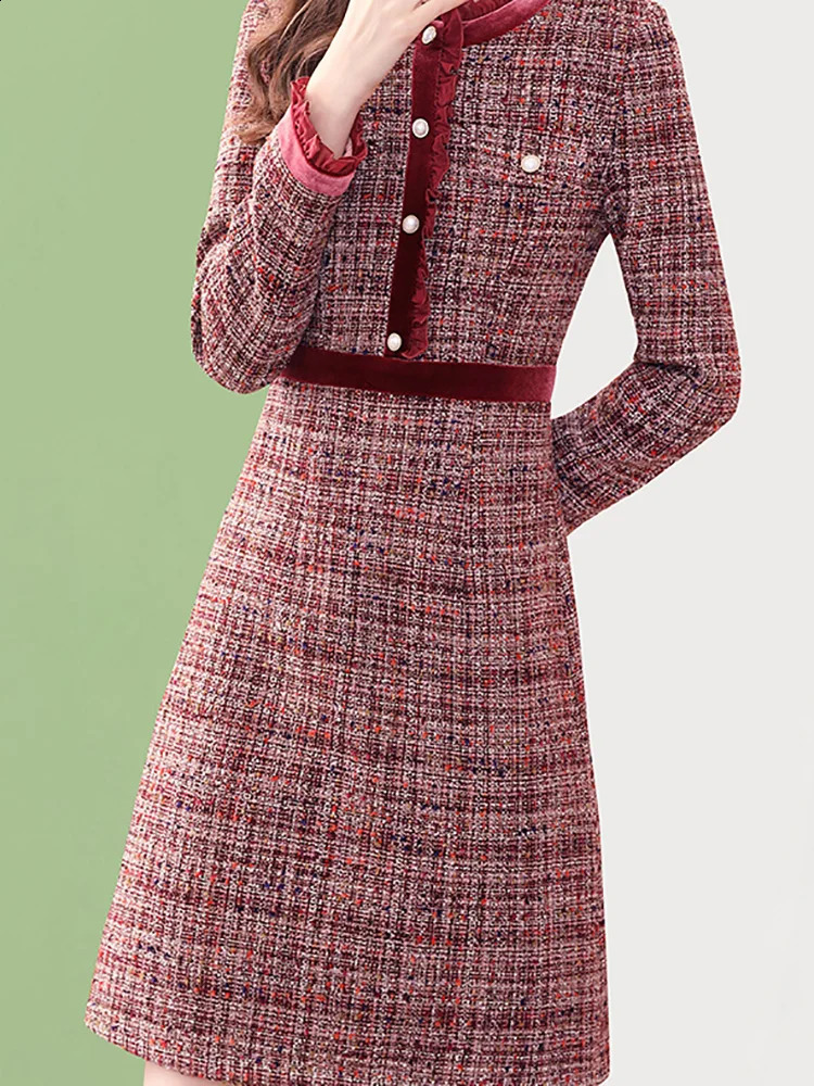 EVNISI Vintage Tweed Dress Winter Diamonds Ruffle Wine Elegant Dresses Plaid Beaded Woolen Flamingo Dress Women Autumn 240823