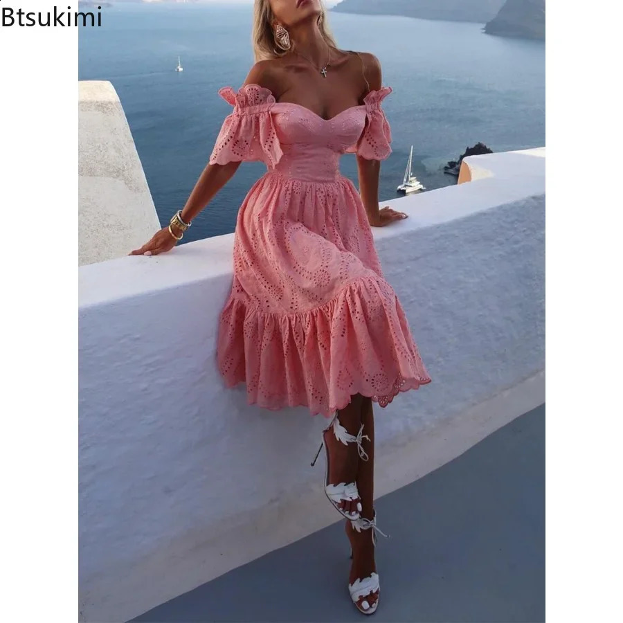 Women Sexy Hollow Out Solid Ruffles Dress Summer Loose Lace Patchwork Casual Dress Elegant Strapless Party Dresses Vestidos 240822