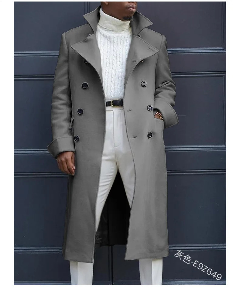 Male Solid White Blue Gray England Style Woolen Overcoat Double-Breasted Long Trench Coat Casual Winter Men Fashion Warm Jackets 240822