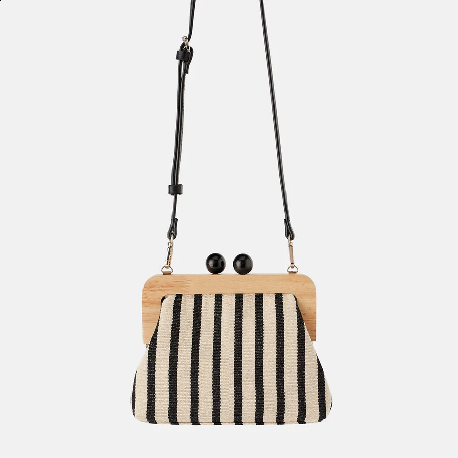 Retro Striped Wooden Clip Shell Bags for Women Messenger Bag Canvas Bead Shoulder Crossbody Bags Ladies Clutch Purse Bolsa Mujer 240822
