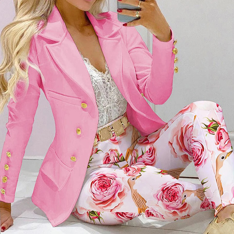Fashion Women Jacket Pants 2 Piece Set Spring Button Long Sleeve Turn-down Collar Print Suit Casual Blazer Versatile Set 240809
