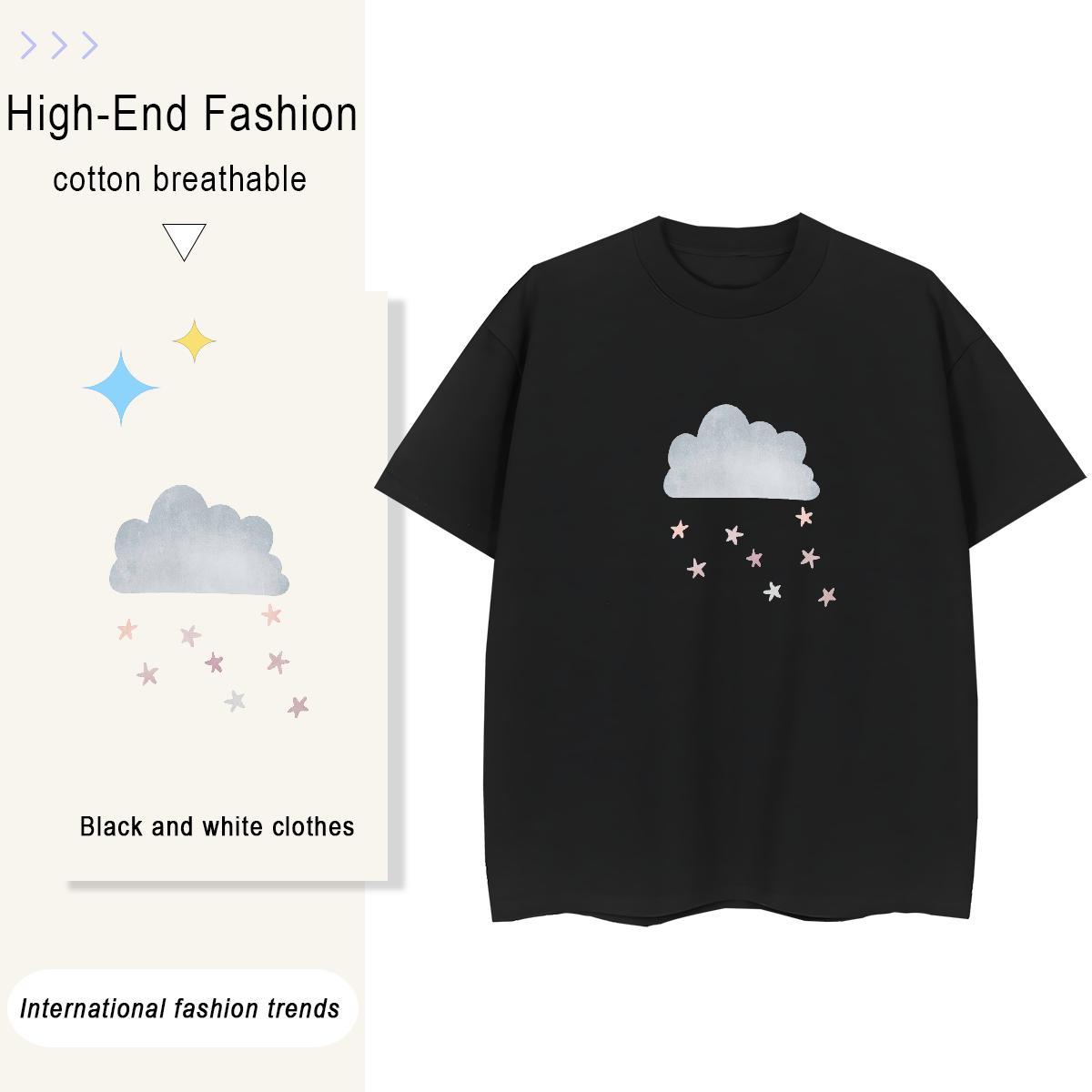 Loose Women Tshirts 230g Cotton painting Daily Wear T-Shirts Breathable Crew Neck Cartoon Print Tops Shirt