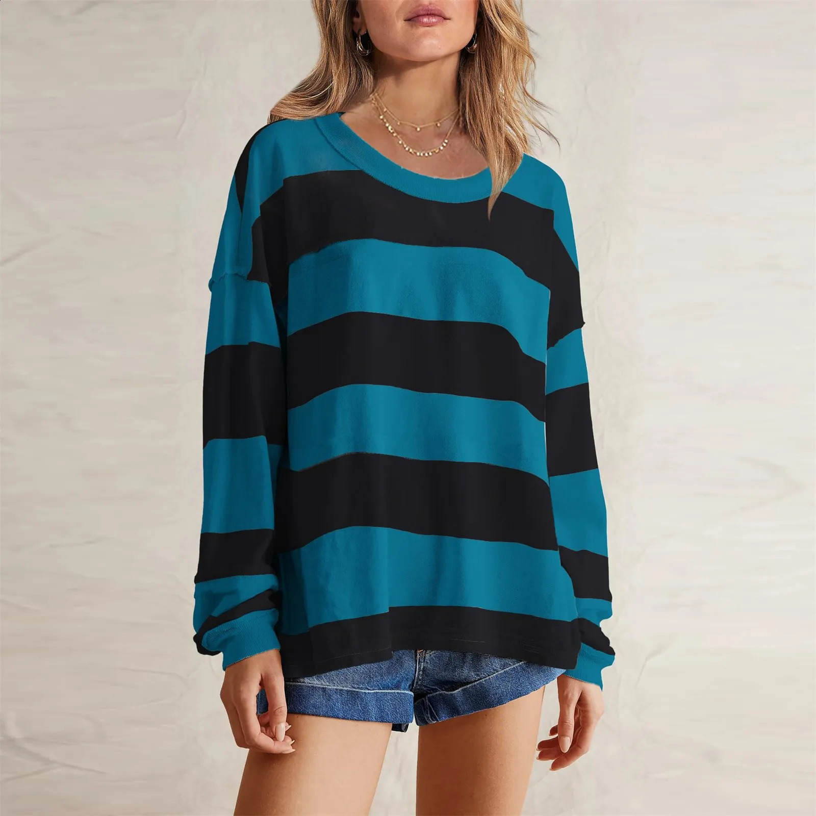 Y2k style striped printed womens shirt oversized long sleeved streetwear staff collar zipper top blue Para Mujer 240822