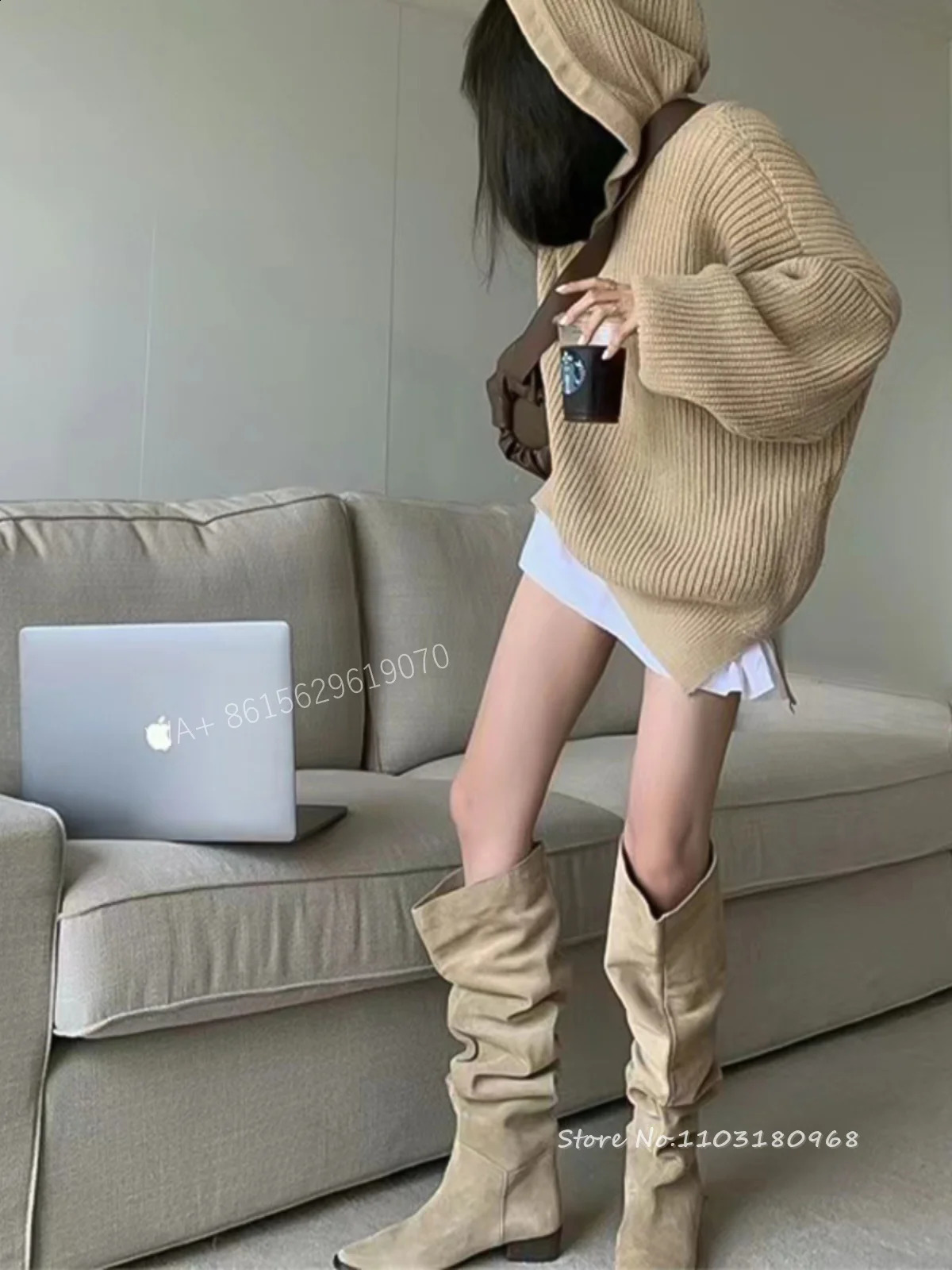Womens Suede Wrinkled Knee High Boots with Almond Horn Toes Stacked Knight Boots for Autumn and Winter Slippery on Dress Shoes 240823