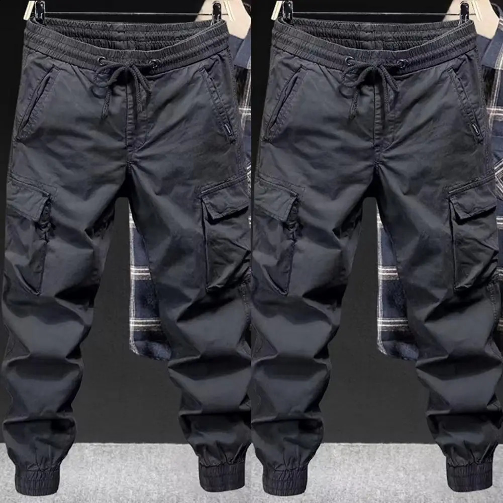 Elastic waistband pants breathable mens drawstring cargo elastic waist multiple pockets daily ankle strap 240823