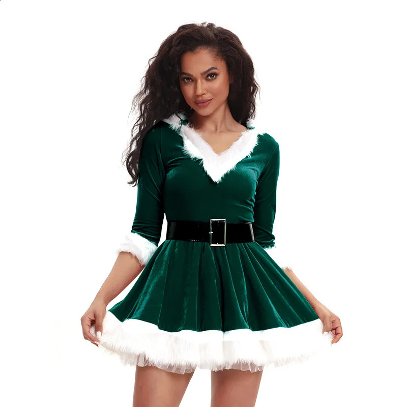 Fashion Womens Half Sleeve Solid Color Santa Claus Christmas Theme Costume Role Playing Set Belt Fancy Dress 240823
