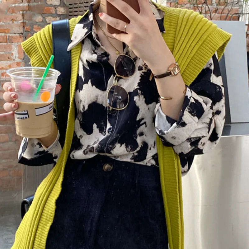 Denim print button womens spring plus size top Korean fashion clothing chiffon street long sleeved shirt 13486 w240824
