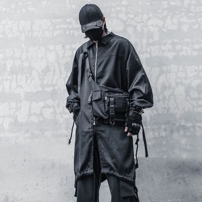 High Street Techwear Hip Hop Trench Coat Long Jackets For Men Drawstring Patchwork Cloak Gabardina Hombre 240822
