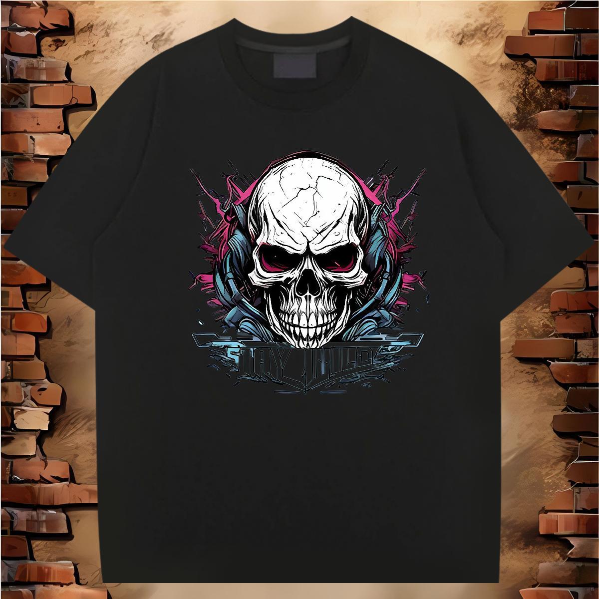 Cool T Shirt For Man 230g Pure Cotton skull Anime Printing Street Plus Size Cartoon Round Neck Short Sleeve Men Clothes T-Shirt Casual New Tops Tees