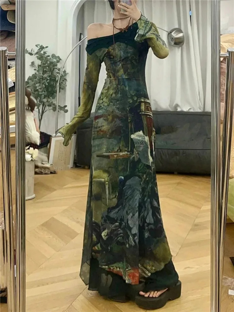 Elegant Vintage Green Print Dresses Y2k Skew Collar Long Sleeve Dress for Women Spring Slim Fit Bodycon Vestidos Mujer 240822