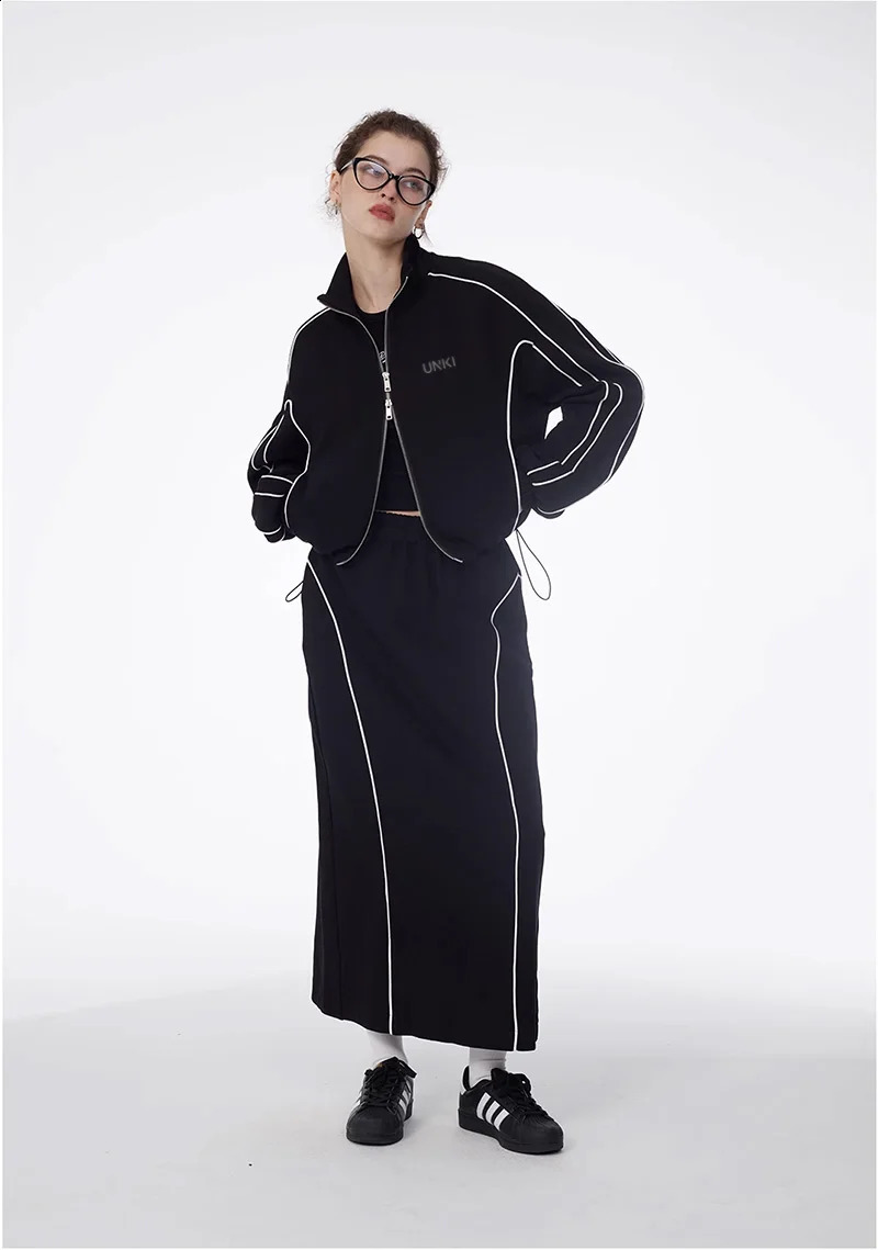 2 piece Set Womens Reflective Strip Black Zipper Track JacketSport Skirt Y2k Tracksuit Female CropTop Short Coat Jackets Sets 240823