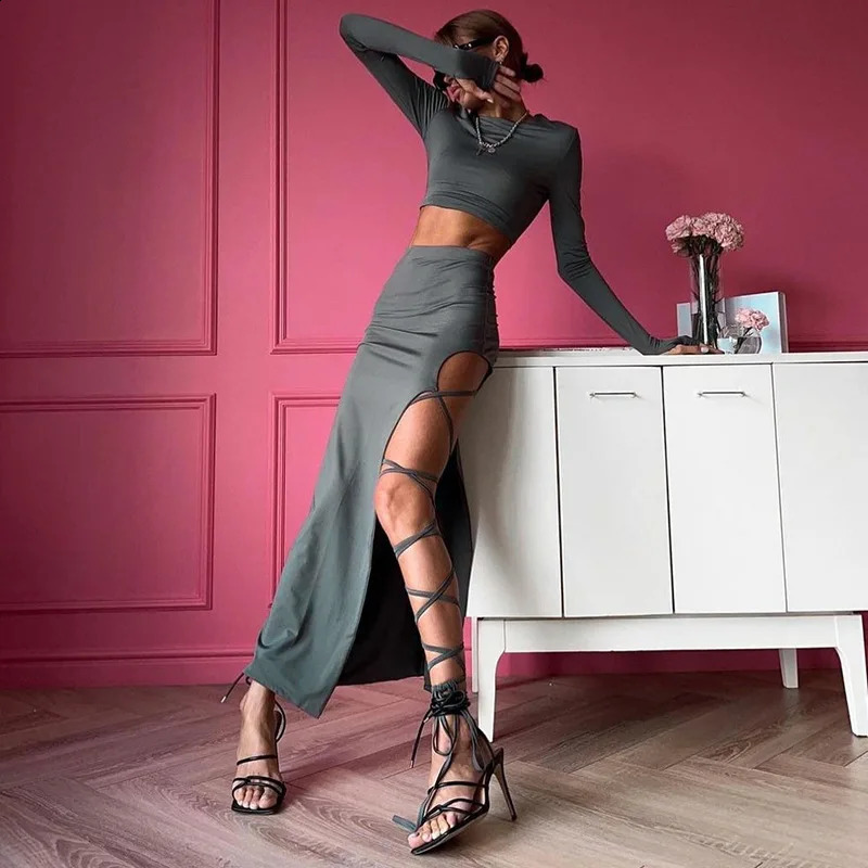 Summer Fashionable Two Piece Dress Set Long Sleeved Split Skirt Suit For Women Hollow Out Skinny Elegant Women Long Dresses 240823