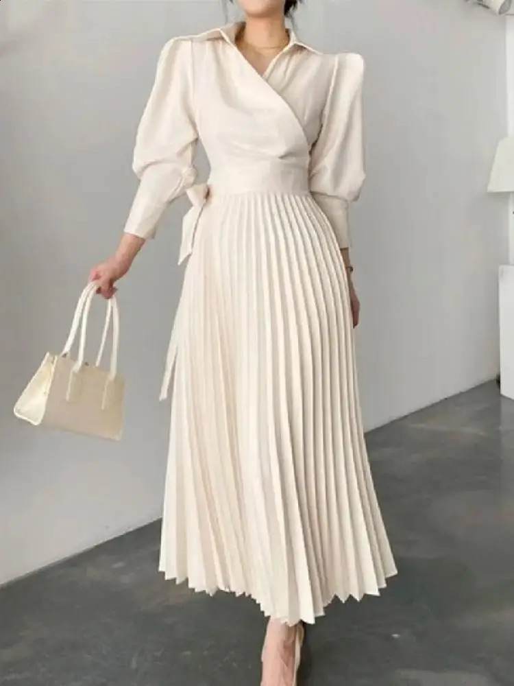 Onecozyday Women Midi Dress Autumn Laple Collar Puff Sleeves High Waisted Pleated Dresses Elegant Evening Party Dress 240822