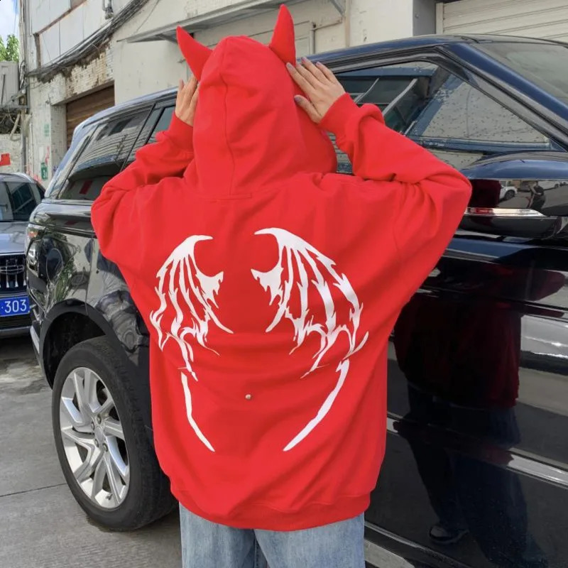 Autumn Harajuku Hoodies Women Gothic Punk Devil Horn Hooded Sweatshirt Halloween Couple Matching Detachable Tail Zip-Up Outwear 240823