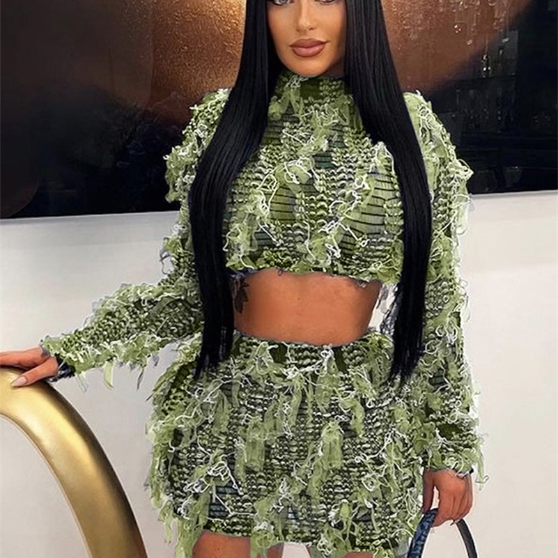 Weird Puss See Through Patchwork Women 2 Piece Set Elastic Tassel Thin Crop TopsSkinny Skirts Matching Midnight Party Clubwear 240822