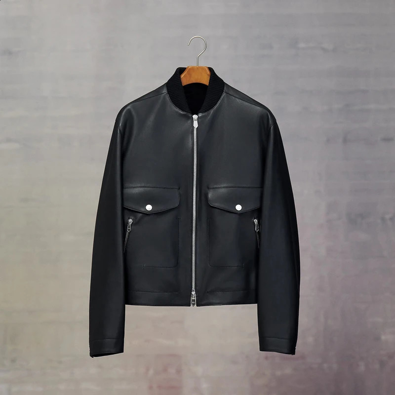 Mens Cowhide Jacket - British Fashion Handsome Black Sheepskin Zippered Stand-Up Collar High-Quality Custom n 240822