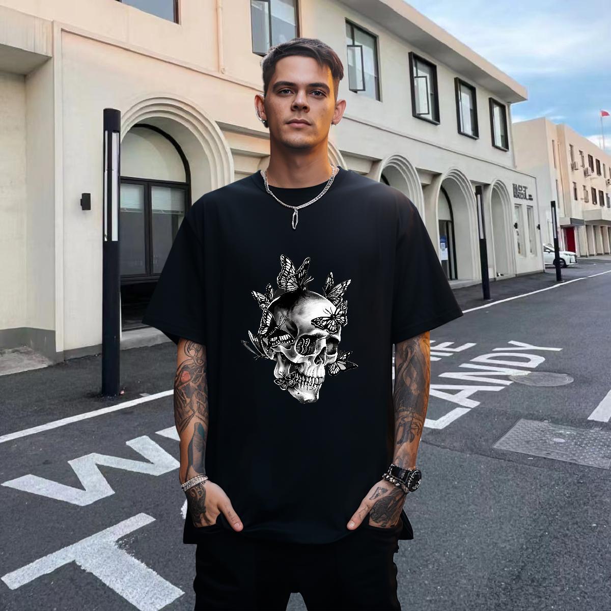 Classic T shirt 230g Pure Cotton skull High Street Hip Hop Skull O Neck Short Sleeves Men Tshirts Brand Tee Shirt