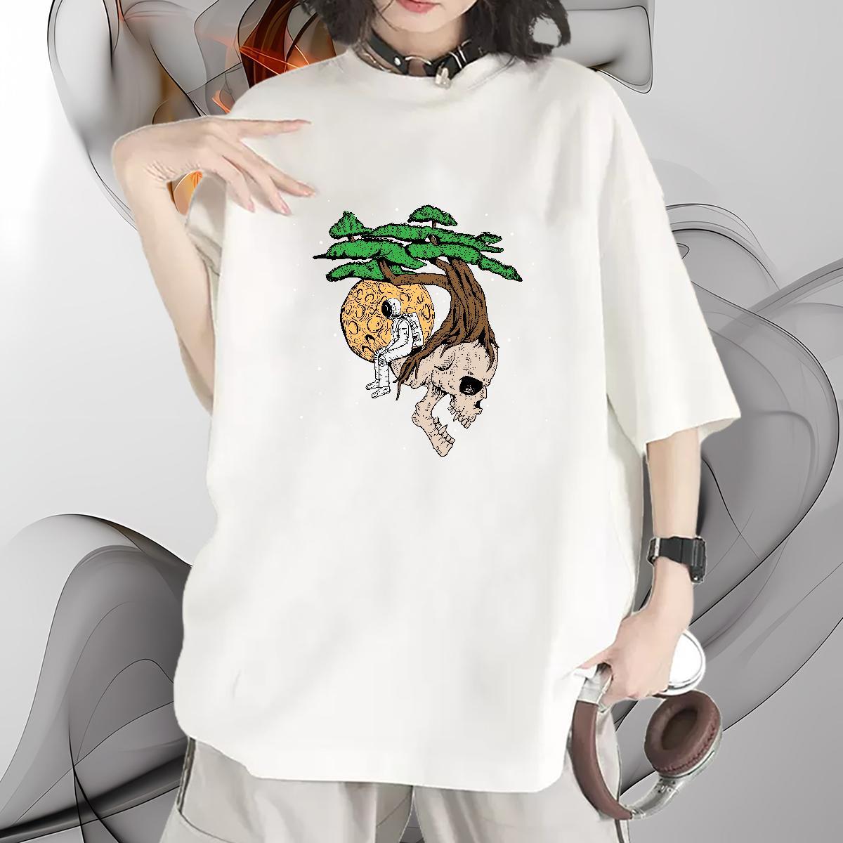 Loose Lady T shirt 230g Pure Cotton cosmonaut Sport Woman T Shirts Breathable Short Sleeve Plus Size Custom Tops Shirt